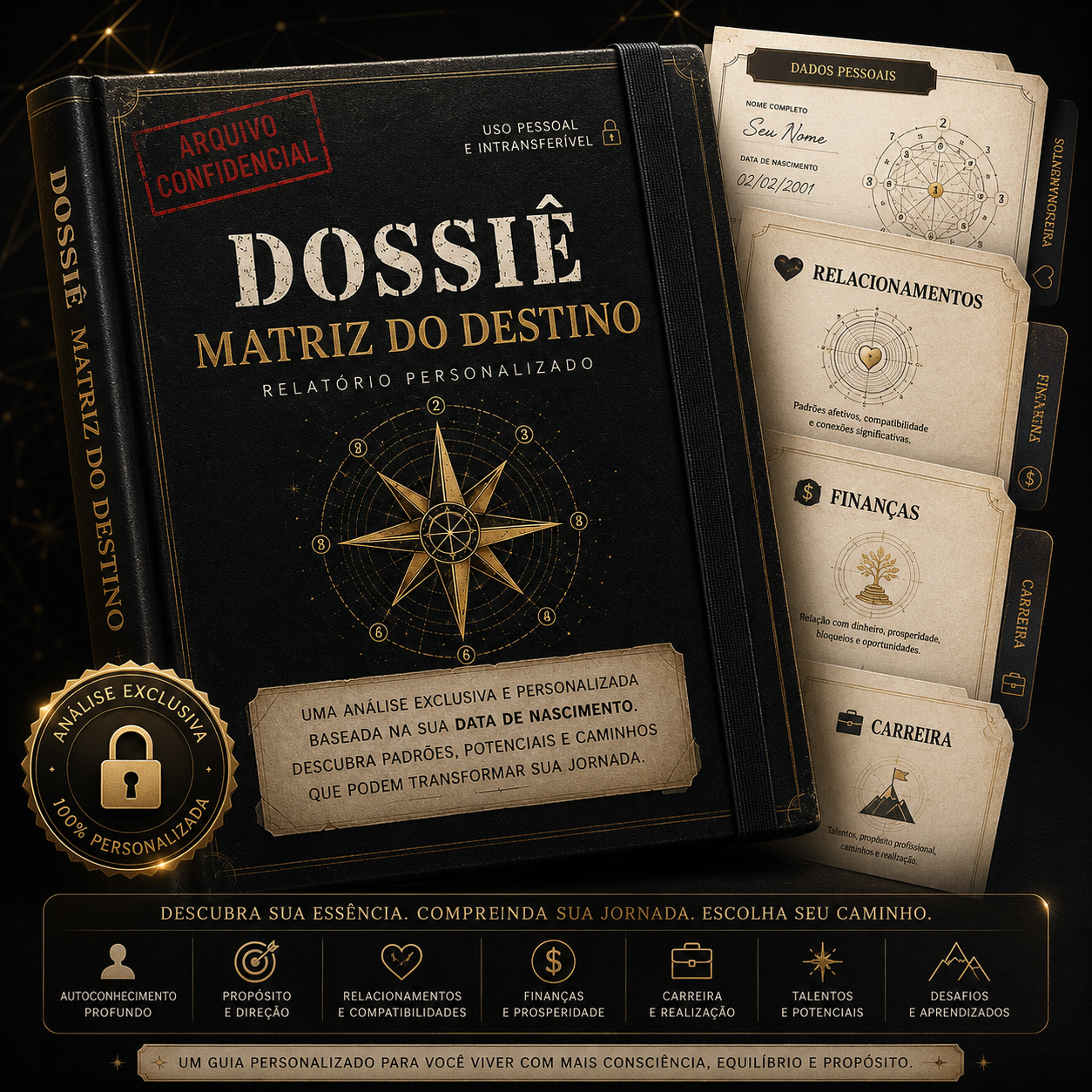 Amostra do Dossiê Matriz do Destino com abas de relacionamentos, finanças e carreira